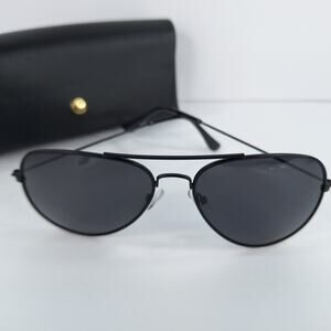 Mens Womens Aviator Sunglasses Jet Black Frame Dark Grey Lens Case Included